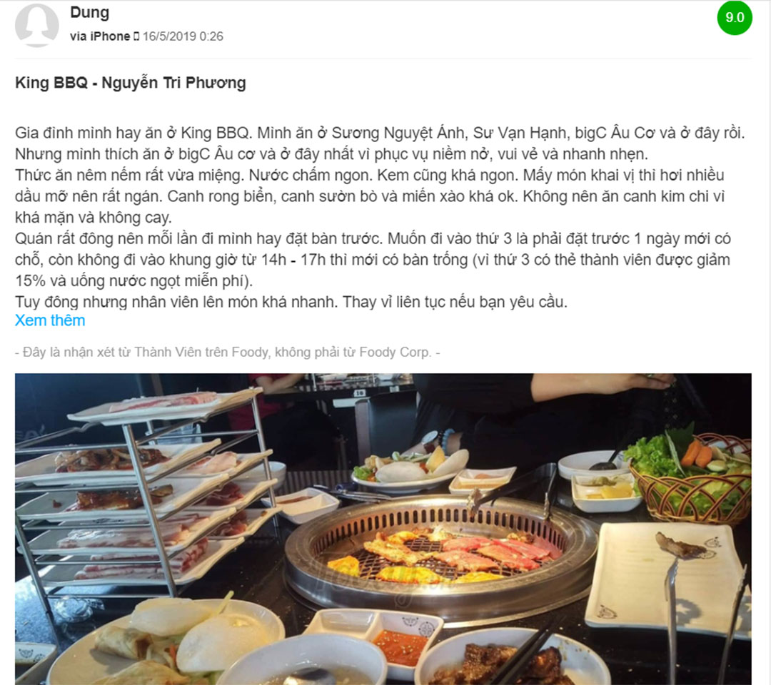 Đánh giá của khách hàng về King BBQ Nguyễn Tri Phương