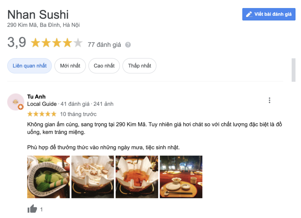 Nhận xét của khách hàng về sushi