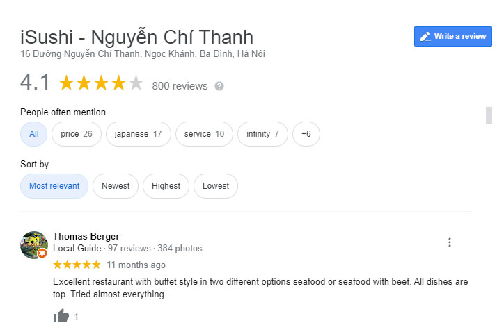 Đánh giá khách hàng tại isushi Nguyễn Chí Thanh