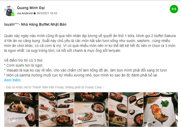 Review của khách hàng tại isushi Nguyễn Chí Thanh